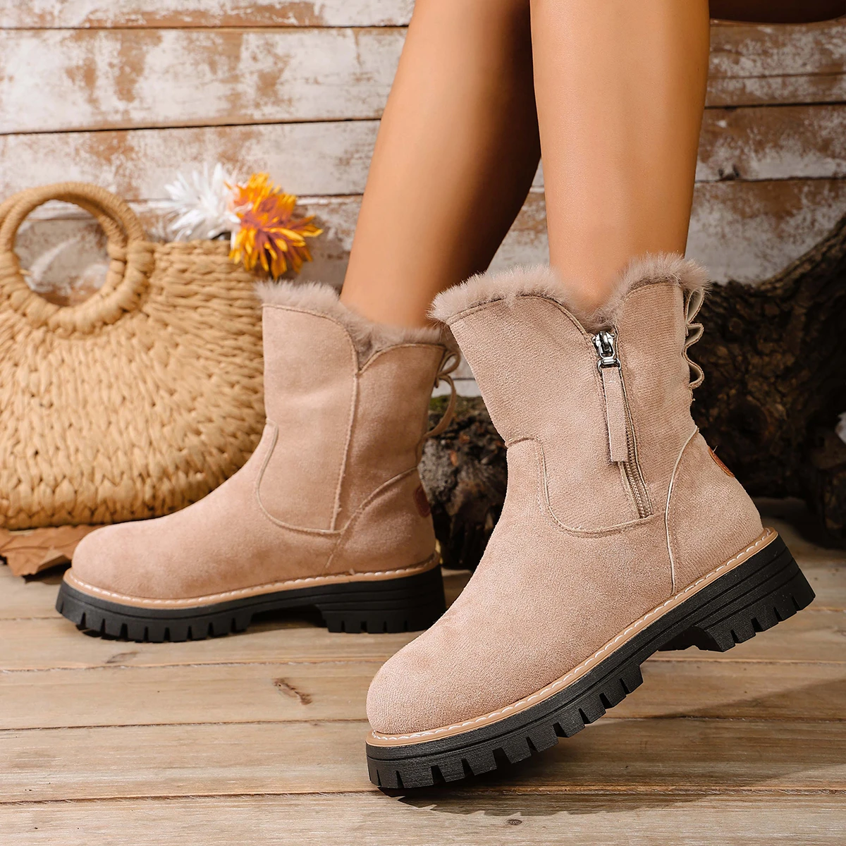 نمط جديد فاخر المرأة الثلوج أحذية النساء شتاء دافئ مصمم الازياء منصة الأحذية عدم الانزلاق قصيرة أفخم الشقق الجلد المدبوغ الأحذية