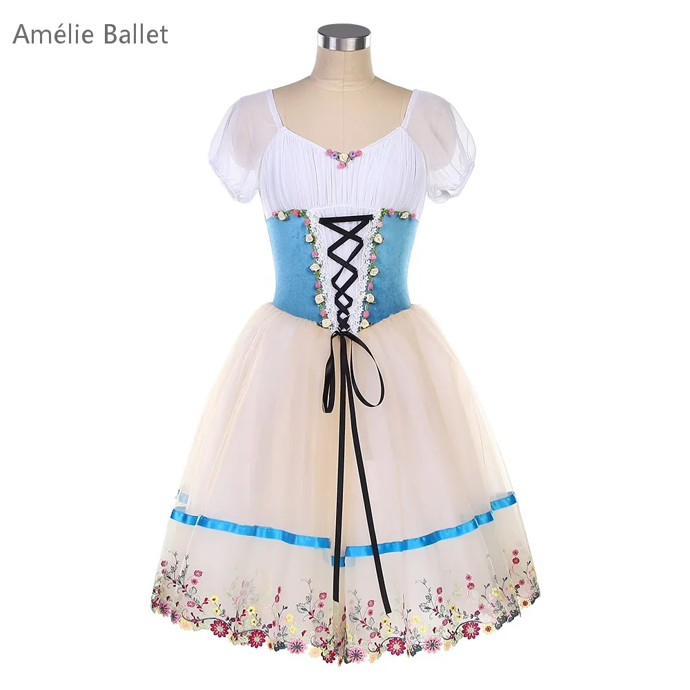

25045 New Ballet Costumes Short Sleeves Blue Velvet Top Bodice White Tulle Tutu Skirts Adult Girls Romantic Long Ballet Costumes