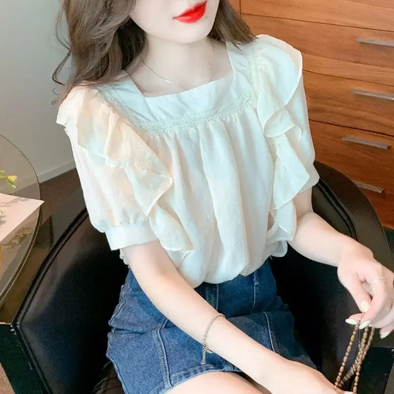 Ruffle Crop Female Tops Chiffon White Women's Shirt And Blouse Summer Frill Offer Premium Modern Long Fine Elegant Cool M