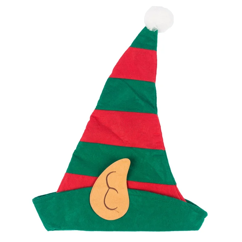 

Red Green Striped Hat With White Pom Elf Ears Adults Soft Non-Woven Christmas Elf Hat For Most People Navidad Xmas Ornament