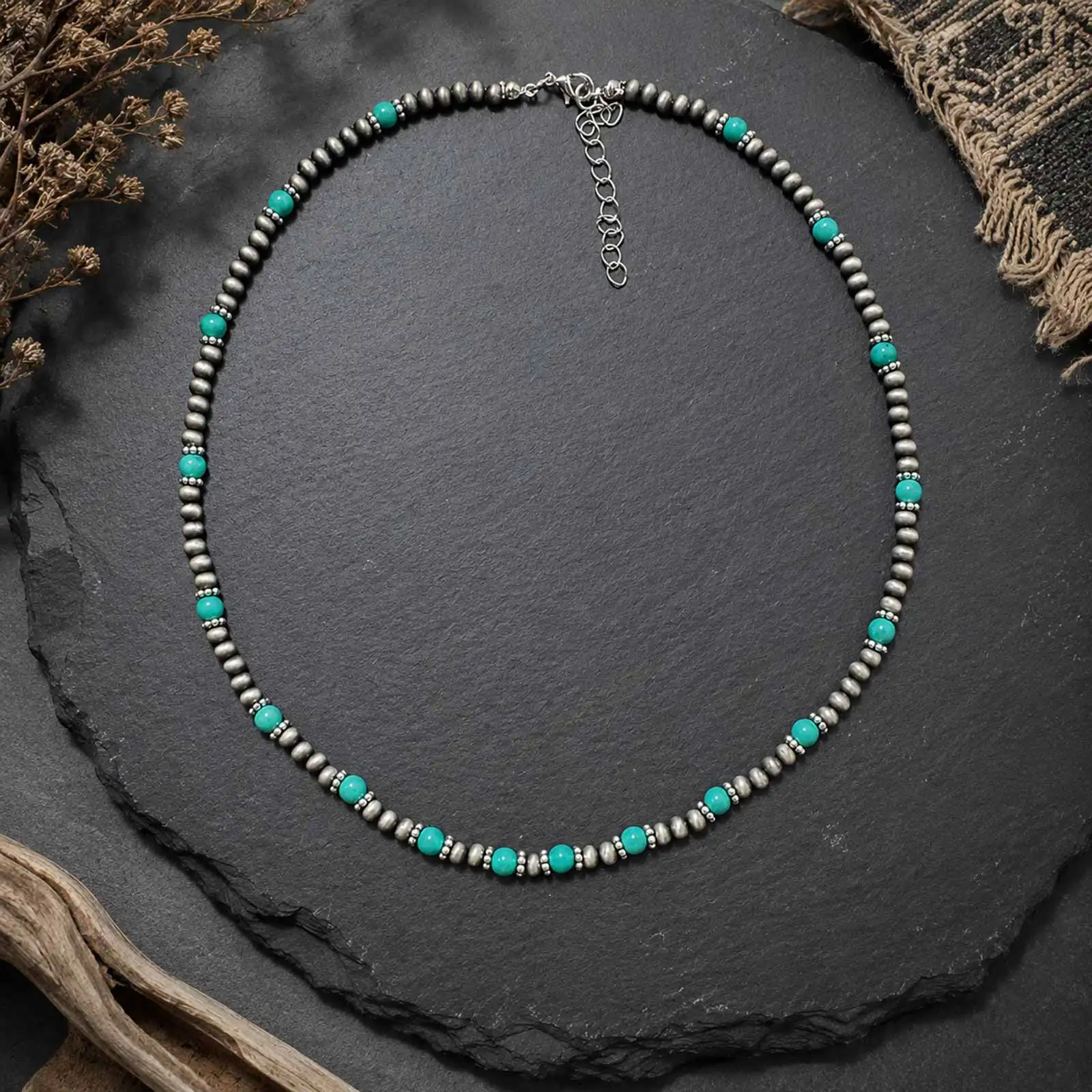 Vnox Men's Turquoise Beaded Necklace, Bohemian Style Adjustable Chain, Punk Hip Hop Birthday Party Jewelry Gift Present for Him - view 6