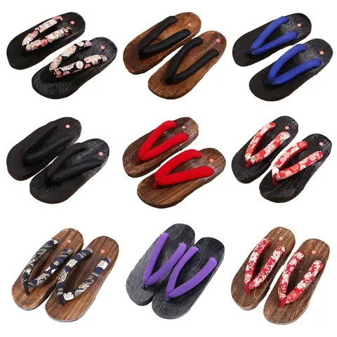 Japanese Style Wooden Clogs Samurai Summer Flip Flops Round Flat Men Women Casual Geta Sandals for Halloween Party Daily Shoes