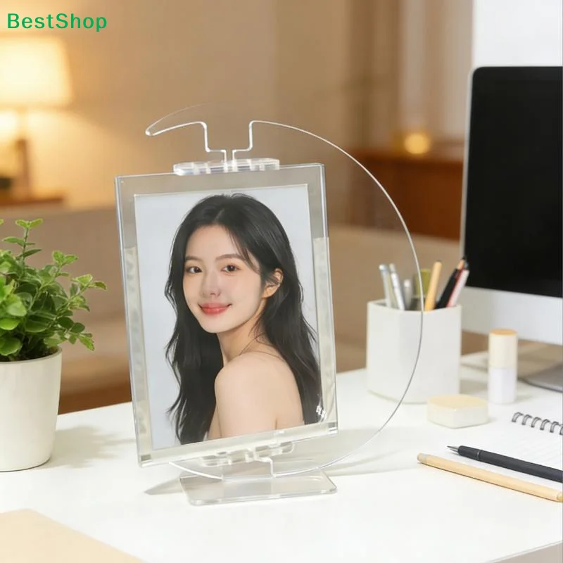 〔Q〕Moon-Shaped Card Holder Rotating Stand Photo Frame 3-inch Photo Card Insert DIY Stand Transparent Acrylic Holder