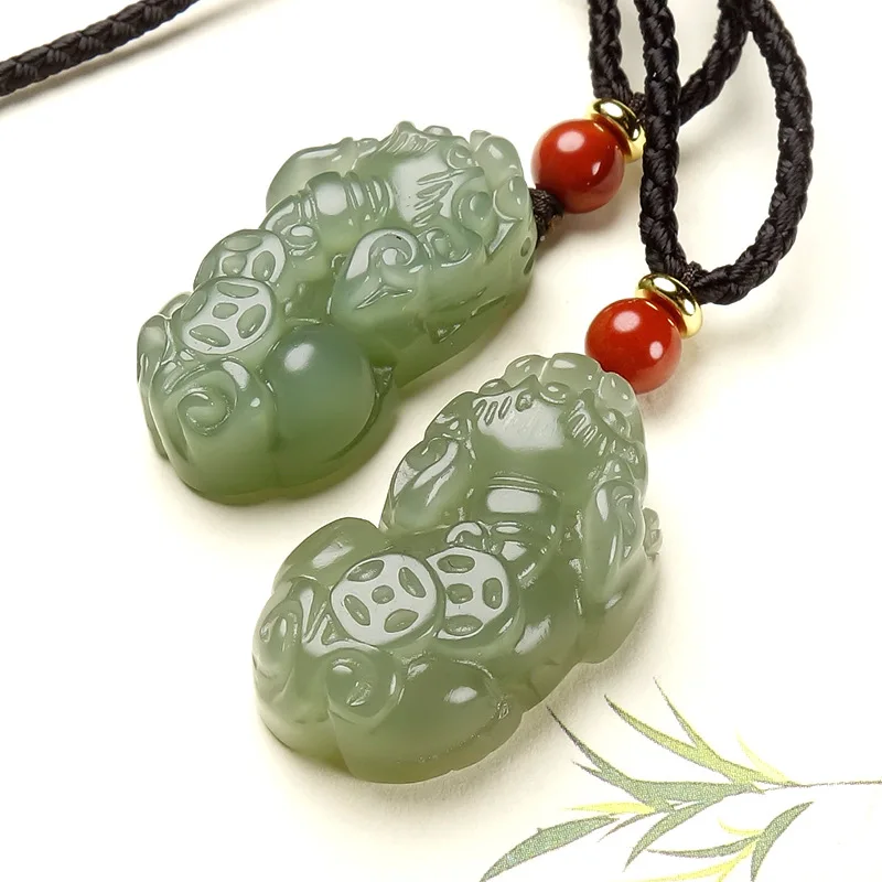 

Hetian Money Men and Women, Green Pixiu Pendant, Jade Necklace