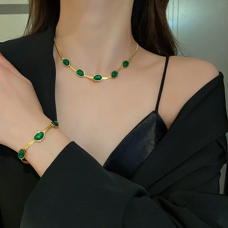 

DIEYURO 316L Stainless Steel Geometric Green Stone Necklace Bracelets For Women Girl Fashion Flat Chain Jewelry Set Holiday Gift