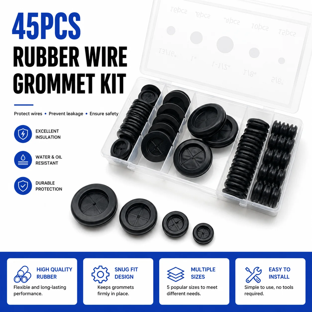 45 Piece Rubber Sealing Ring Set, Flexible Insulation Wire Protection Gasket, Household Appliance Metal Plate, Wire Anti Cutting