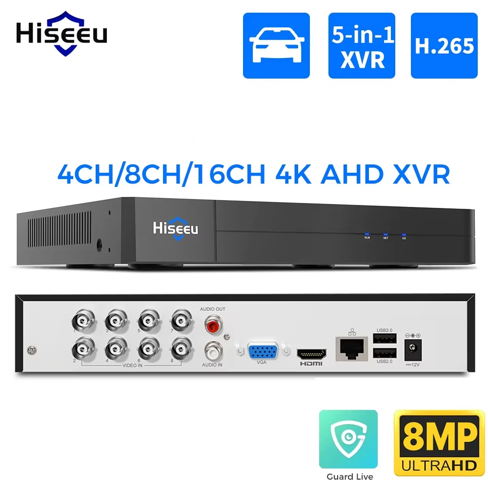 Hiseeu 4K 5 IN1 XVR for AHD Analog TVI CVI CVBS Camera 4CH 8CH 16CH NVR For IP Cameras Vehicle/Face/Motion Detection Guard Live