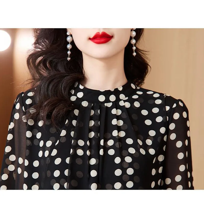 Elegant Commute Polka Dot Printed Chiffon Shirt for Female Autumn Round Neck Long Sleeve Temperament Blouse Women\'s Clothing