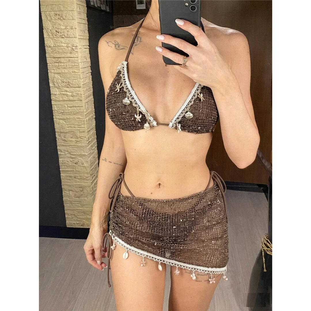 Mit Rock, gewelltem Ausschnitt, Neckholder-Bikini, Damen-Badebekleidung, dreiteiliges Bikini-Set, gepolsterter Badeanzug, Badeanzug, Schwimmanzug V8482 – Detail 2