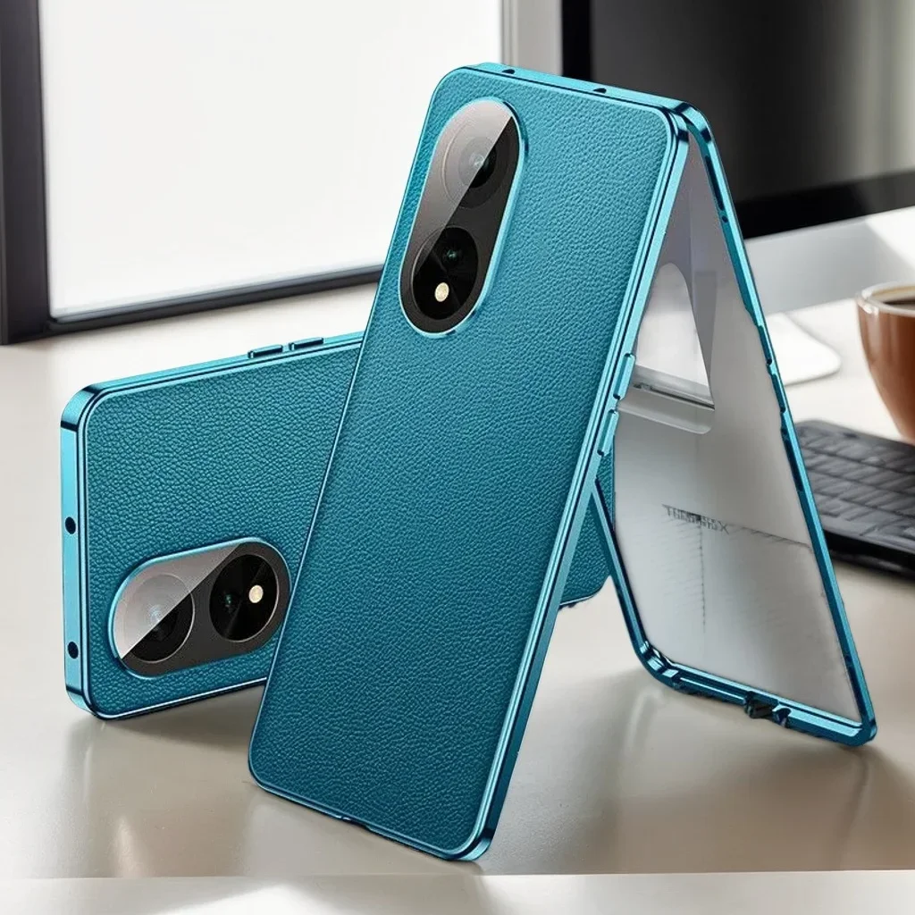 

Full Lens Protection Metal Bumper Front Tempered Glass Cover Back PU Leather Case for Realme 12x 13 Pro Plus 5G GT 7 Pro 6T 6