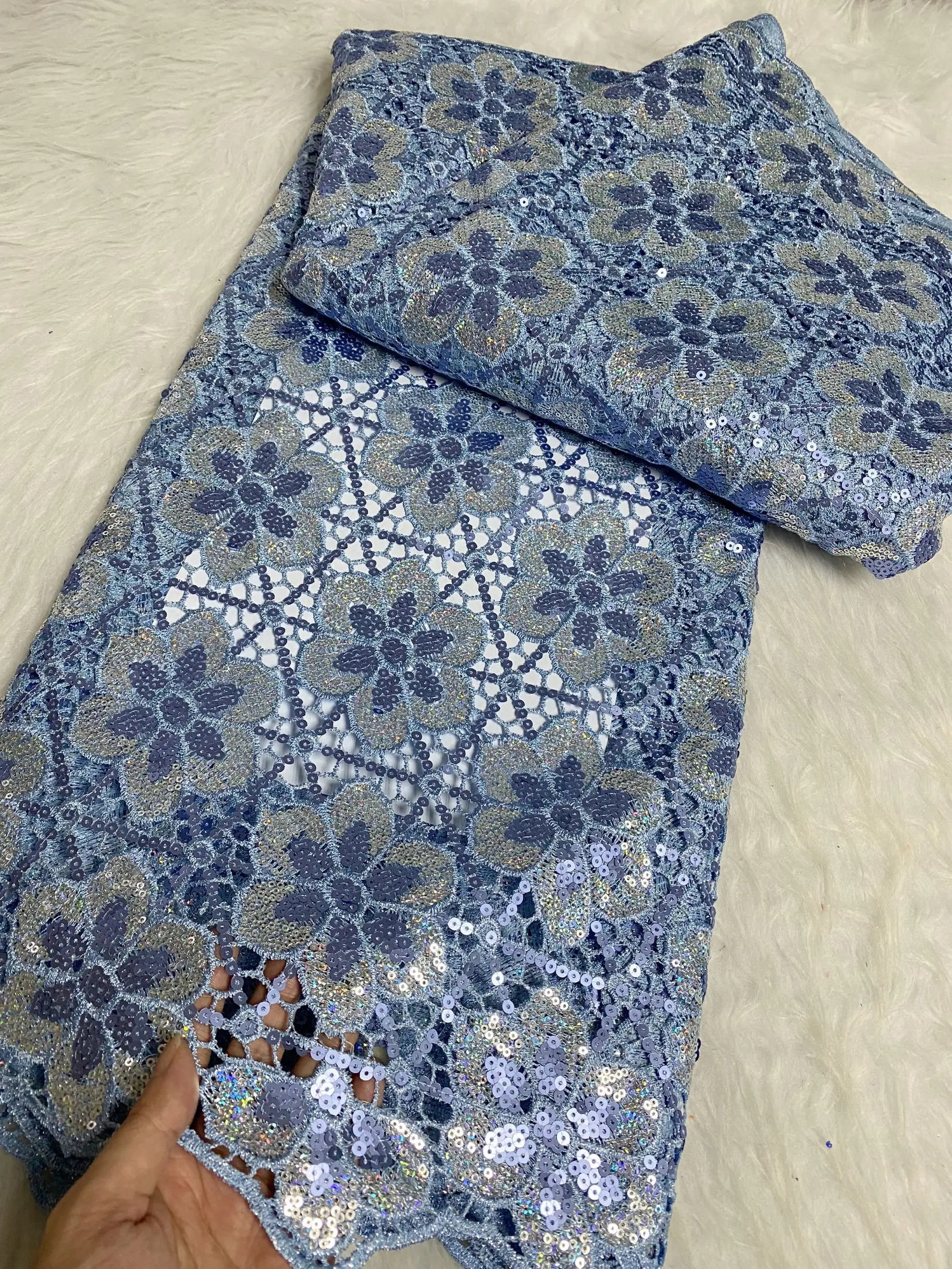 

High Quality 2025 African Nigerian Embroidery Lace Fabric Tulle Wedding Party Dress Guipure Water Soluble Sequins JH0065 5Yards