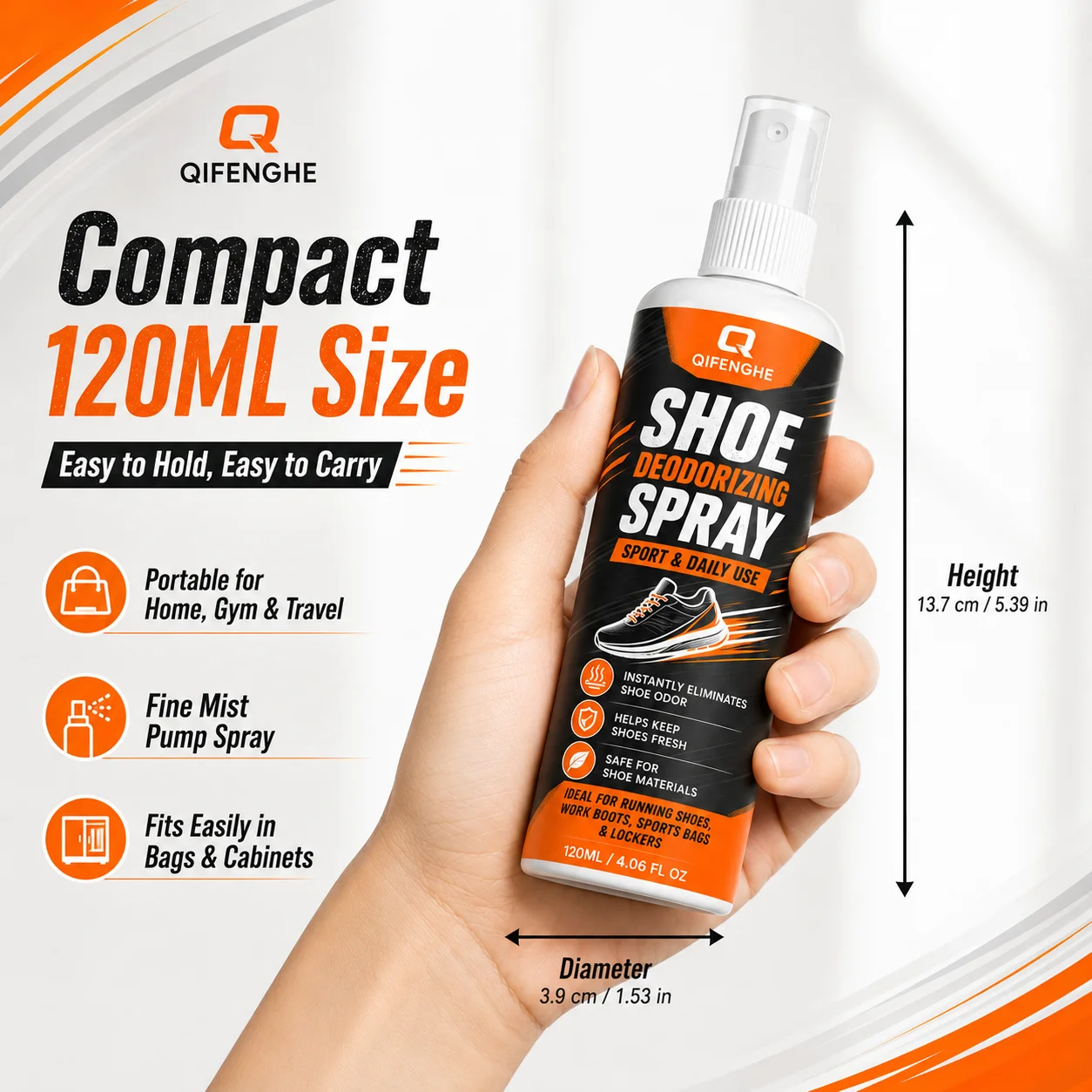 QIFENGHE Multi-Use Shoe Deodorizer Spray, Neutralizes Foot Odor Instantly, 120ml Gentle Formula for Shoes, Closet, Car, Sports B