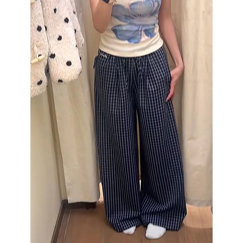 Deeptown Vintage Blue Plaid Wide Leg Women's Pants Summer Korean Fashion Straight Trousers Baggy Harajuku Commute Casual Thin