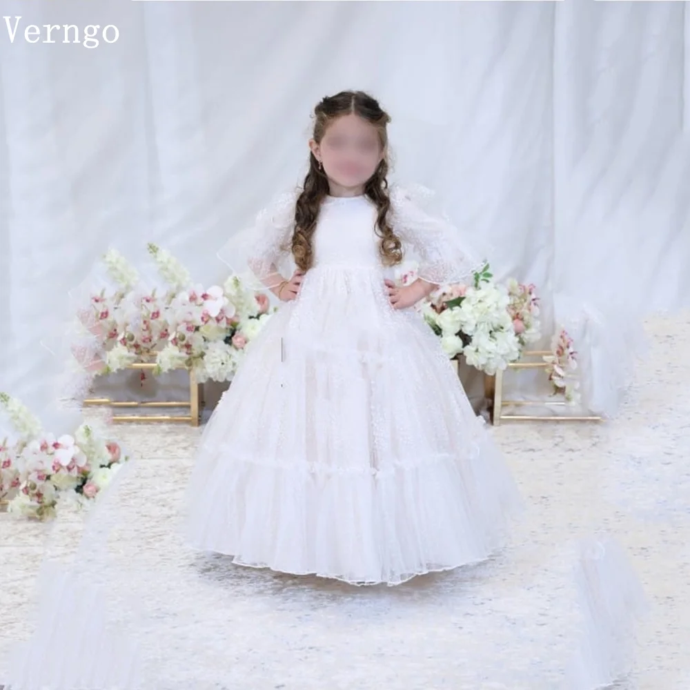 Verngo White Lace Flower Girls Dress O Neck Full Sleeves Modest A Line Prom Party Dress Girl Banquet Princess Gowns Customized