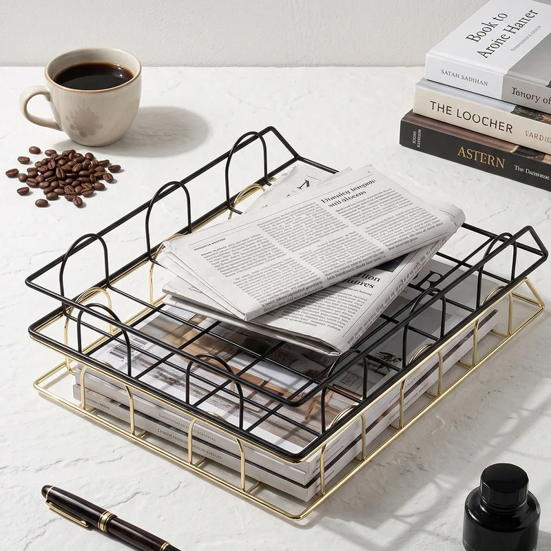Nordic style rose gold stackable file organizer rack, metal iron file storage basket shelf