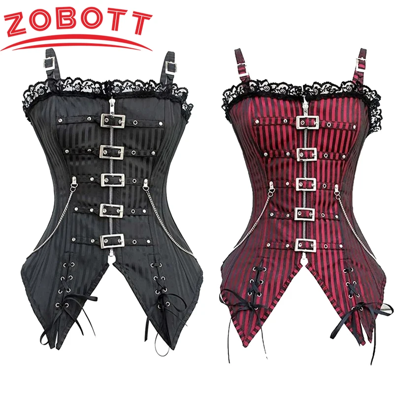 Women Corset Sexy Lace Low-cut Zip Bustier Sling Vest Punk Rock Style Gothic Clothes Body Shaper Slimming Corselet Cos Costume