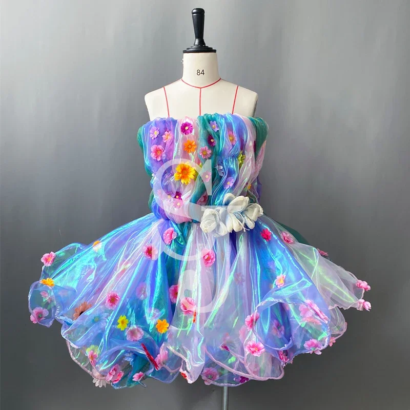 여성 파티 댄스 드레스 다채로운 레이저 드레스 섹시 폴 댄스 꽃 바디 슈트 축제 복장 무대 공연 Clubwear XS6466