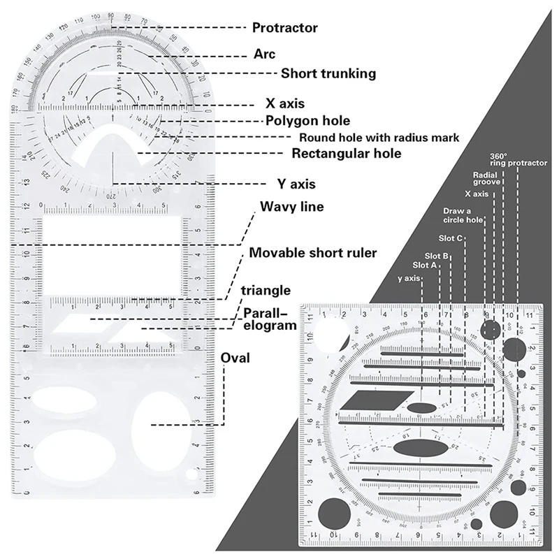Conjunto de Régua Geométrica Multifuncional, Rotatable Round Complex Pattern, Ferramenta de Medição Rápida, Desenho Template Rulers, Pacote 2