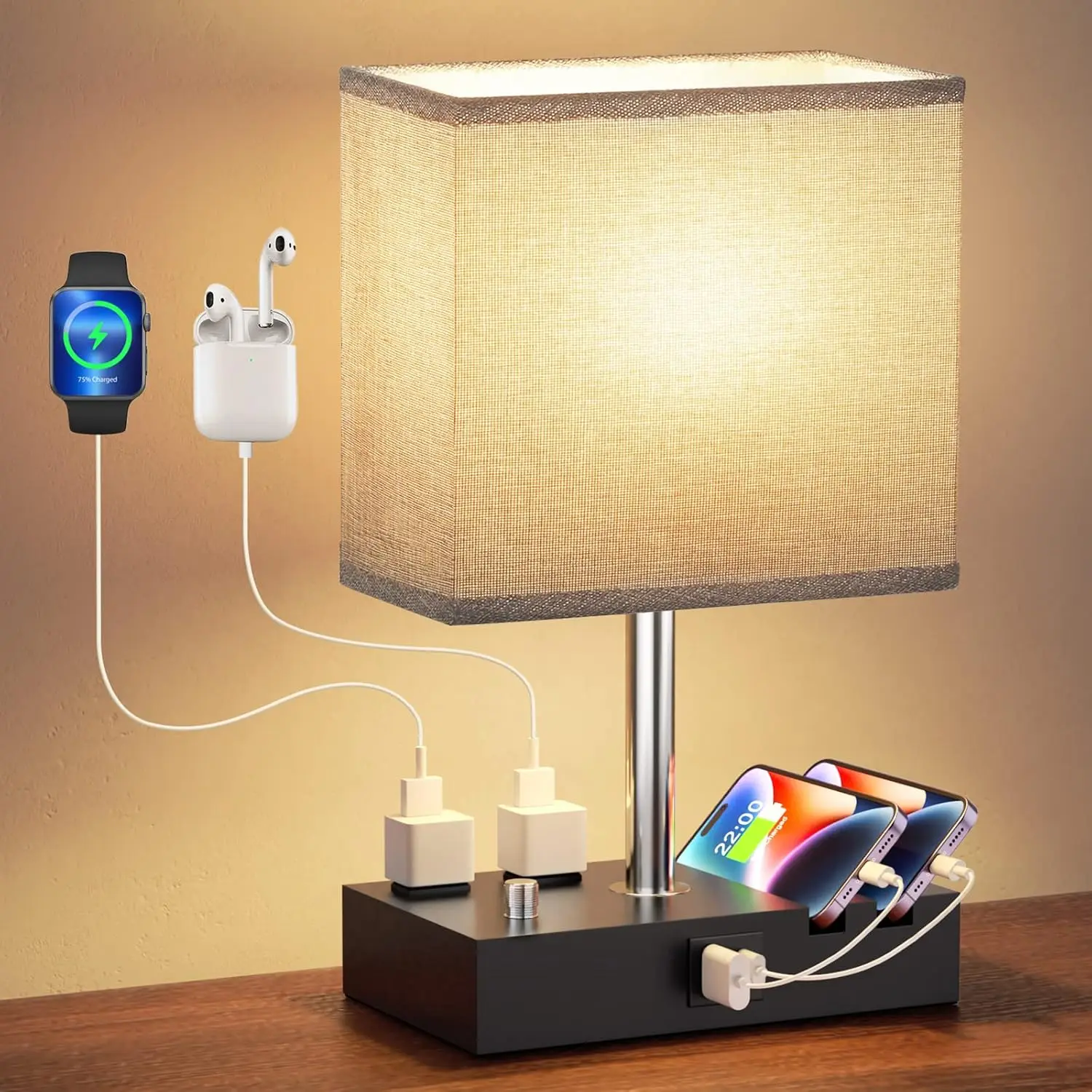 

Dimmable Bedside Lamp with USB-C & Outlets, Wooden Base, Bulb Included