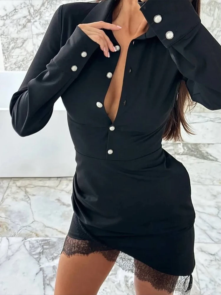 

Black Lace Trim Mini Dress Women Elegant Full Sleeve Button Round Neck Pleated Slim Dresses 2026 Lady Party Club Vestidos New