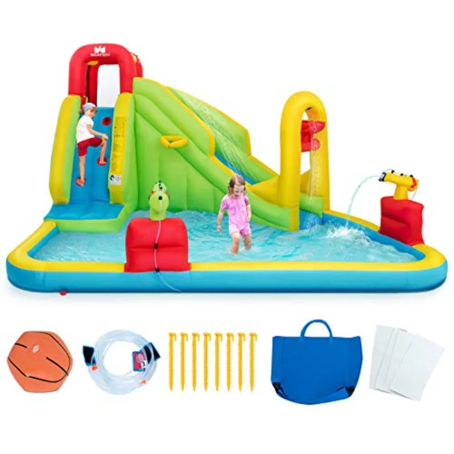 Inflatable Bounce House w/Slide, Climb Wall, Splash Pool, Water Cannon, Basketball Rim, Large Water Slide Park for Summer Indoor