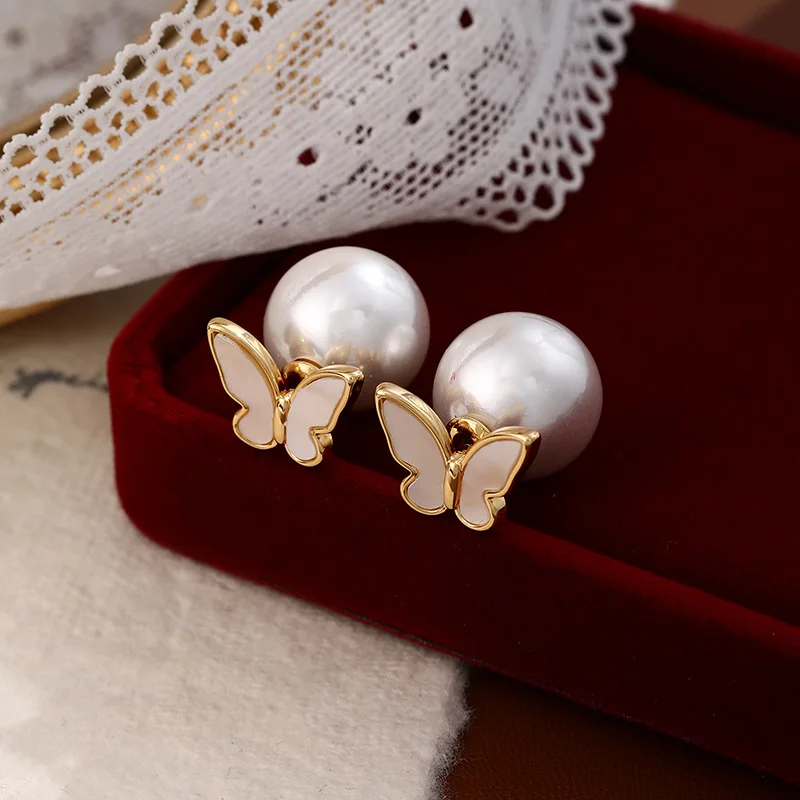 

2025 French Butterfly Earrings 925 Silver Studs with Pearl & Mother of Pearl Dainty Minimalist Ear Jewelry for Women