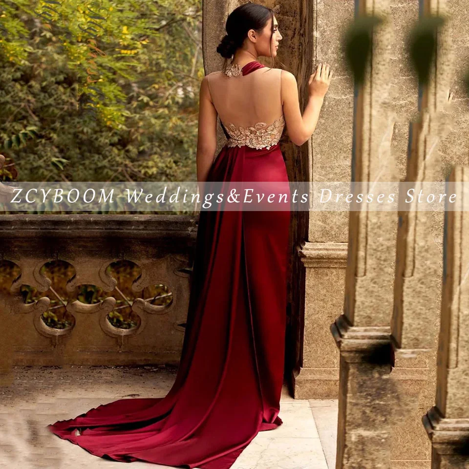 Elegant Burgundy Sequin Gold Appliques Sleeveless Evening Dress 2025 Mermaid Floor Length Sweep Train Stain Zipper Prom Dress