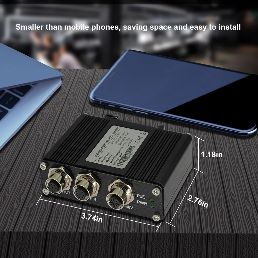 産業用ギガビット PoE インジェクター 12 ～ 48VDC Din レール イーサネット アダプター IEEE802.3af/at/bt IP40