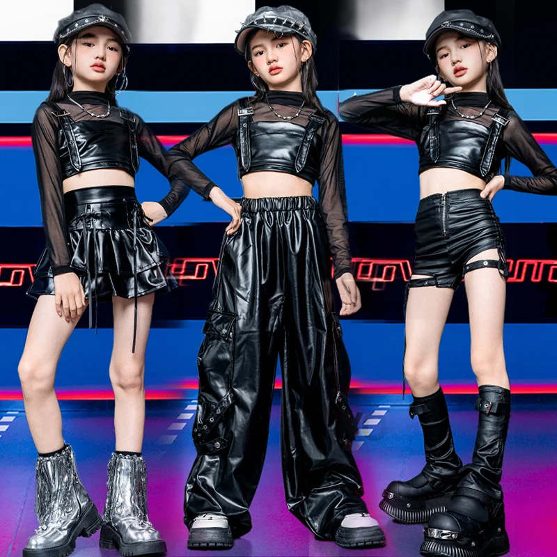 

Костюм для танцев Kpop, черный джазовый костюм для девочек, укороченный топ, брюки-таши, детский наряд для сценического шоу, уличная одежда VDL4708