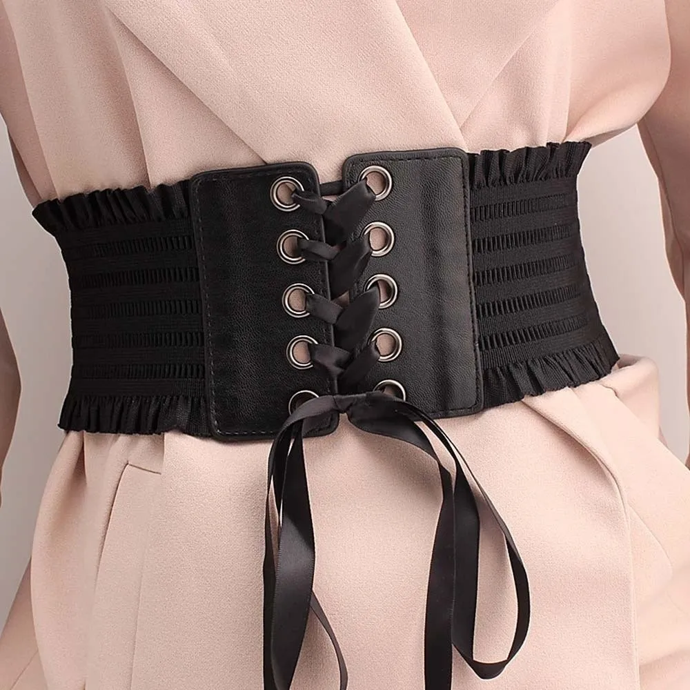 Fashion Adjustable Elastic Pleated Cummerbunds Polyester PU Wide Corset Waistband Soft Strap Rope Elastic High Wide Belt Girls