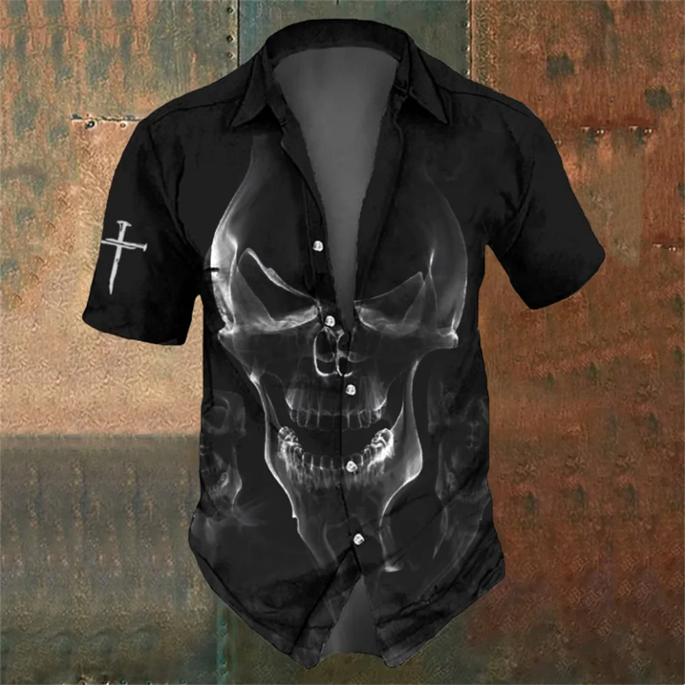 

Horror Skull Print Men's Shirts Summer Quick Dry Short Sleeve Shirt for Men Skull Shirts Street Fashion Oversized Black T-Shirt