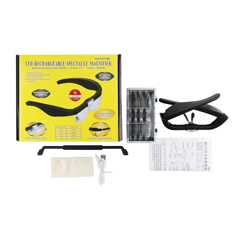 MLGB-USB Rechargeable Head-Mounted Magnifying Glasses With 2 LED Lights, 1.5X- 5.0X Zoom For Reading& Watch Repair