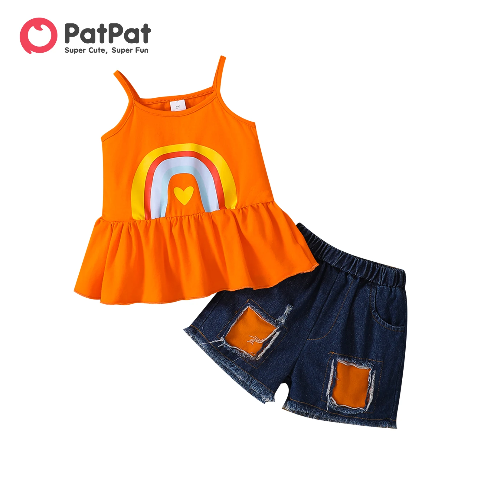 PatPat 2pcs Toddler Girl Trendy Cotton Ruffled Camisole and Ripped Panel Denim Shorts Set