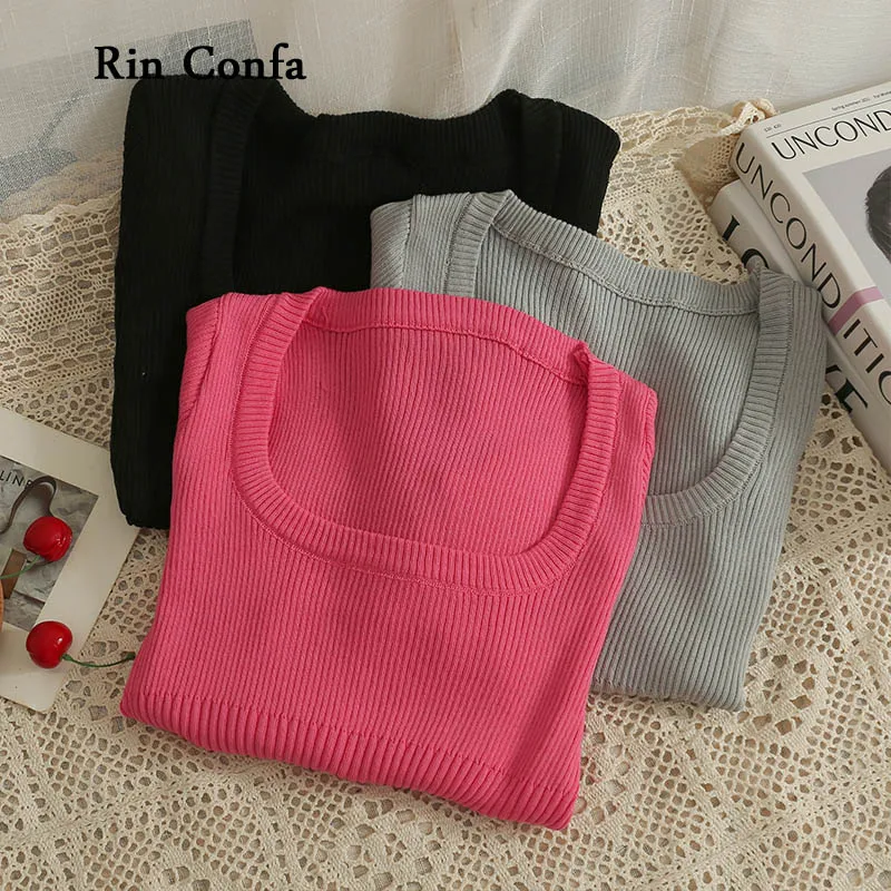 

Rin Confa Korean version Slim Navel Thin Knitting T-Shirt Women's Summer Dress Square Collar Collarbone Short Sleeve Tops