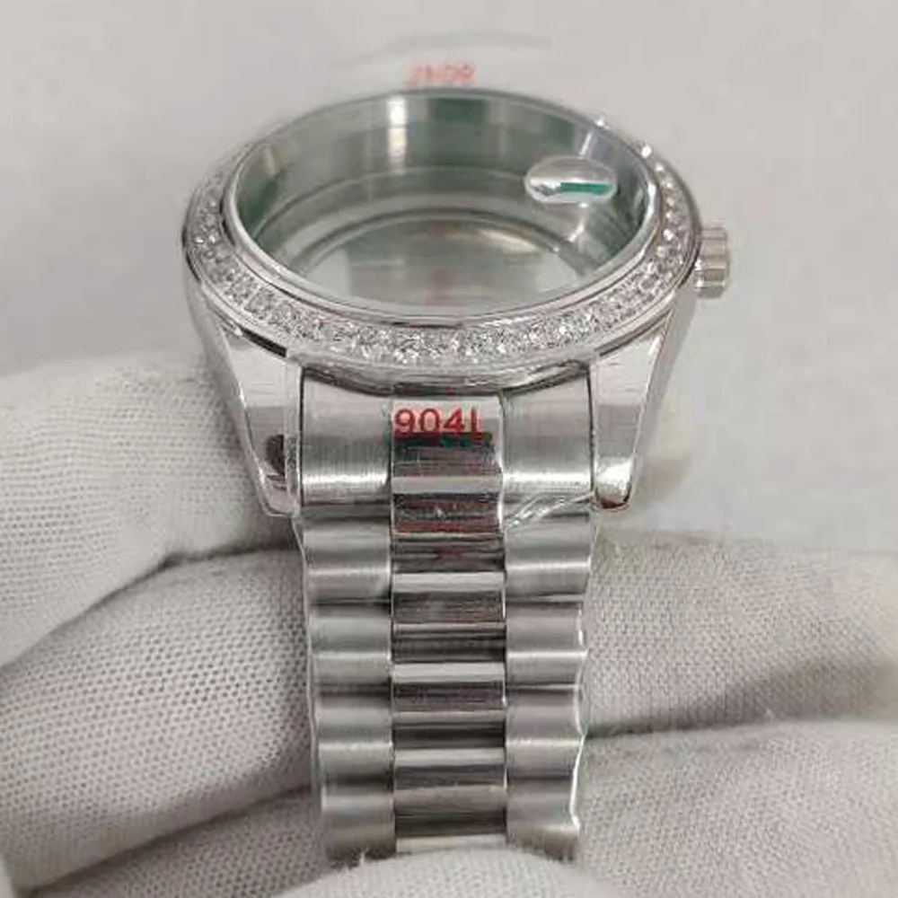 For 8285 41mm Full Silver Watch Case with Diamond with Sapphire Mirror and Magnifying Glass for 8285 Movement