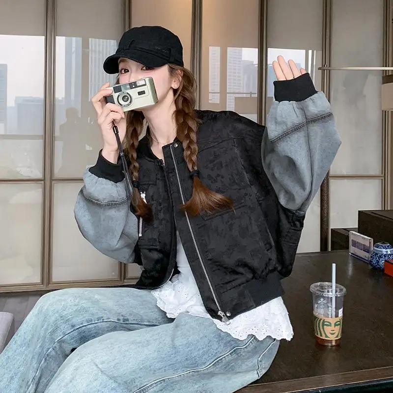 

Black Blue Casual Coat Retro Design Denim Splicing Baseball Jacket for Women Spring Autumn New Korean Loose Cowboy Jacket