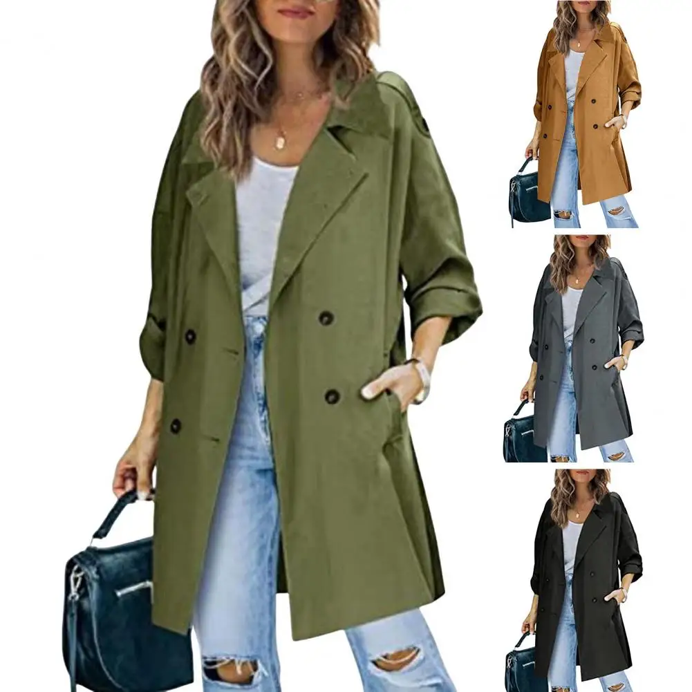 Autumn Spring Women's Trench Coat Lapel Concave Collar Double Breasted Loose Coat Medium Long Solid Color OL Commuter Coat