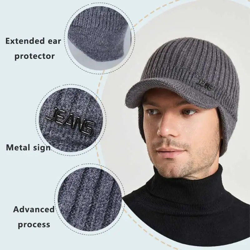 Winter Men Knitting Baseball Cap Daily Door Woollen Hat with Earflaps Leisure Skullies Beanies Solid Ski Knitted Warmer Bonnet