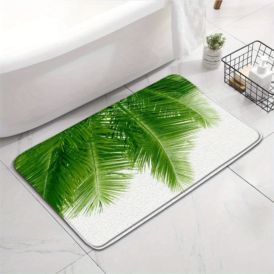 1 Palm leaf bath mat, lush green palm leaves on white background, tropical nature design, perfect for bathroom decor