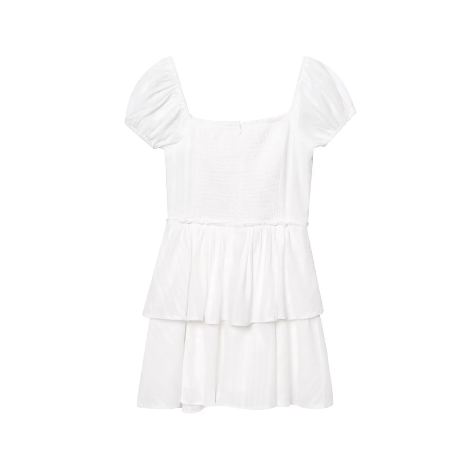2025 francês retro branco arco gola quadrada manga curta mini vestido feminino orelhas de madeira cintura fina 2 camadas bainha vestidos férias robe