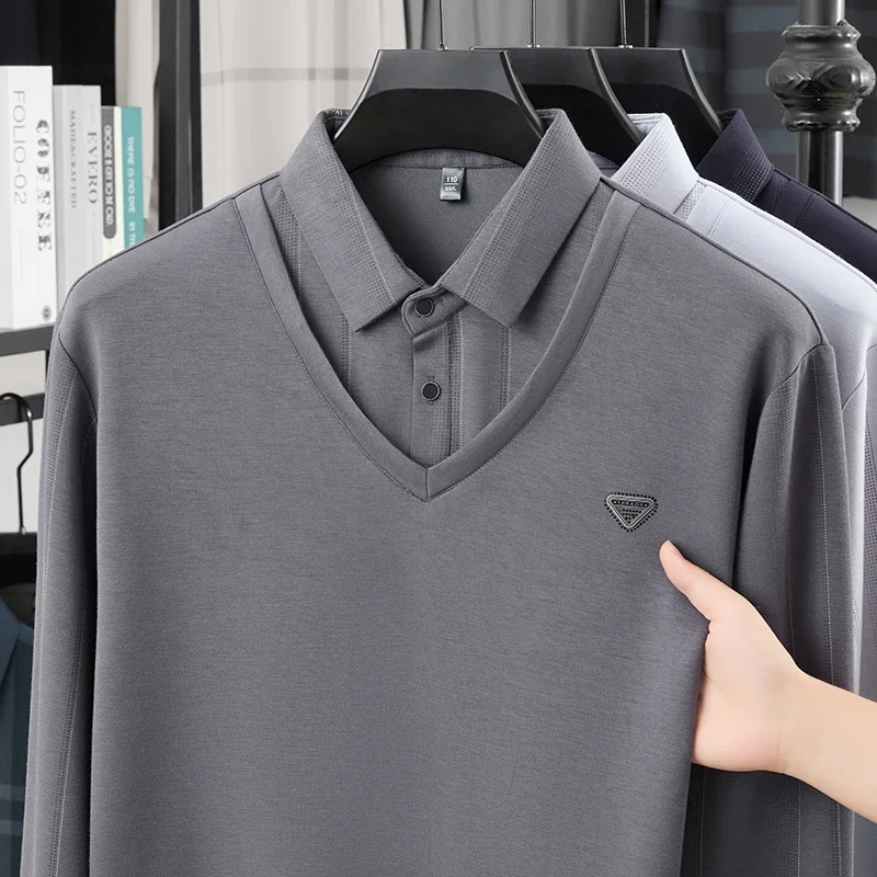 TFETTERS Mens Mature Business Polo Shirt 2026 Spring Autumn New Long Sleeve Tops Lape Collar Two-in-one Polo Shirt for Man