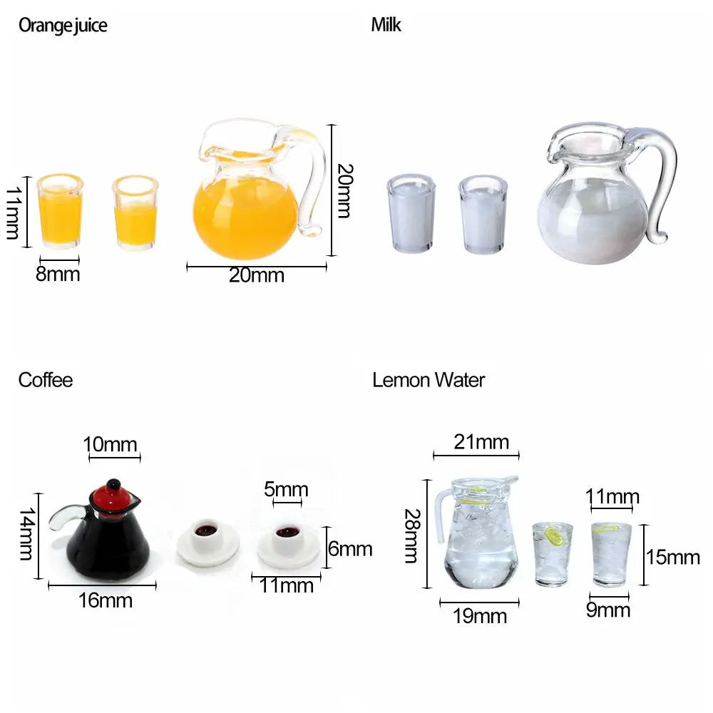 1 Juego a escala 1/12 de zumo de naranja, limón, agua, accesorios para muñecas, modelo para beber café, leche, bebidas en miniatura, taza de jarra