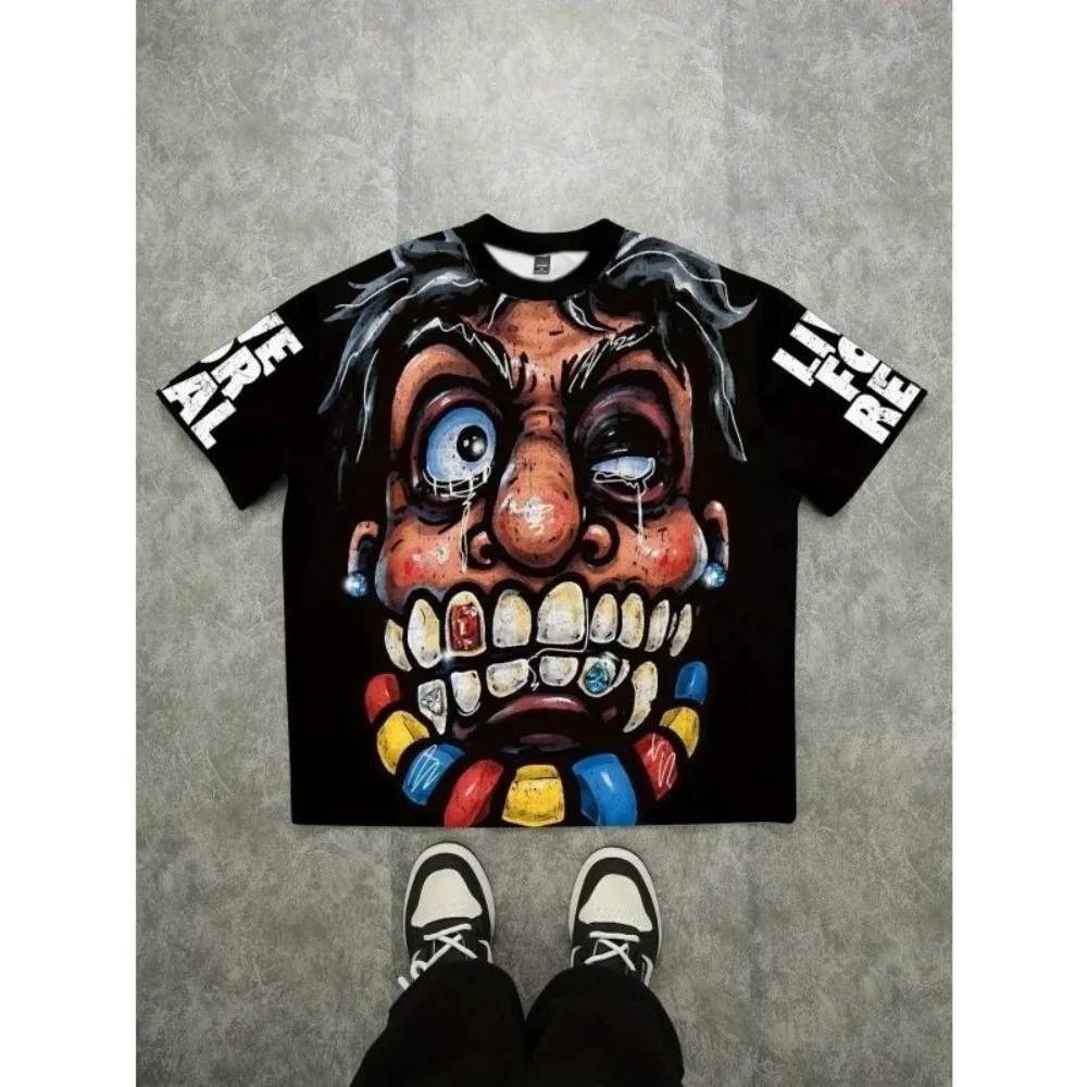 European and American Men's Summer Fun Figure Graffiti Print Soft and Breathable Round Neck T-Shirt Outdoor Casual Top