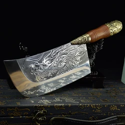 Longquan Kitchen Knives 7Cr17MoV Steel 8 Inch Sharp Slicing Cleaver Handmade Knife Copper Dragon Decor Handle Meat Poultry Tools