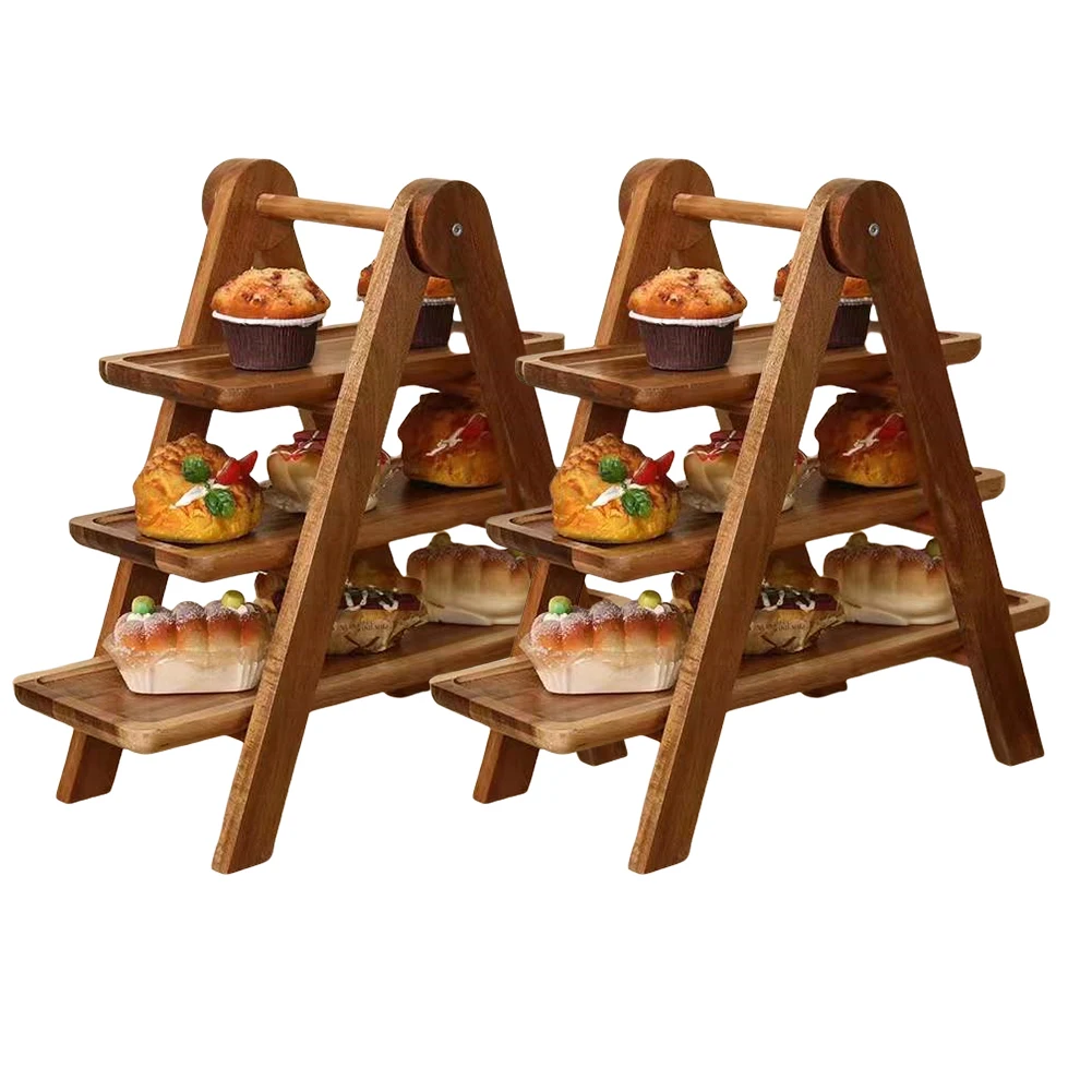 

Set of 2 Wooden 3 Tier Serving Platters Multi-Function Food Display Racks Foldable for Wedding Party and Home Dining