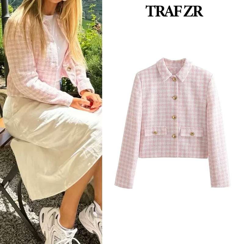 TRAF ZR Gingham Jackets Women Summer 2024 Elegant Luxury Women's Coat Pink Prairie Chic Jacket Basics England Style Coat