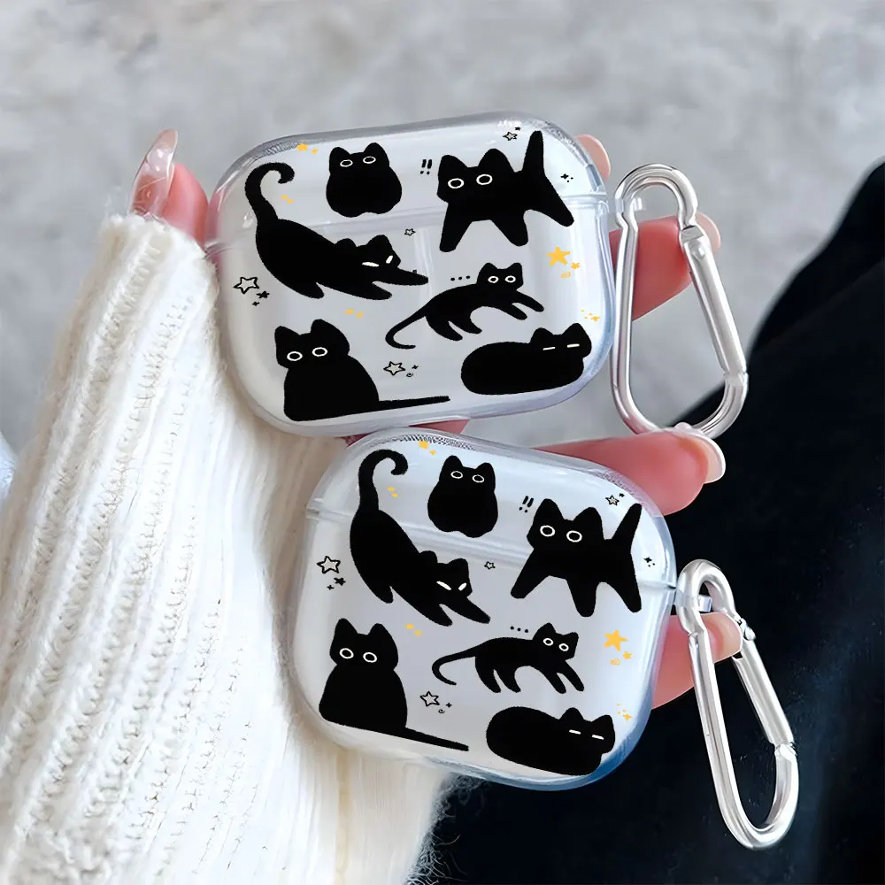 

Cute Black Cat Pattern Clear Earphone Case for AirPods 4/3/2/1 Earbuds Case For AirPods Pro 3/Pro 2/Pro TPU Protective Cover