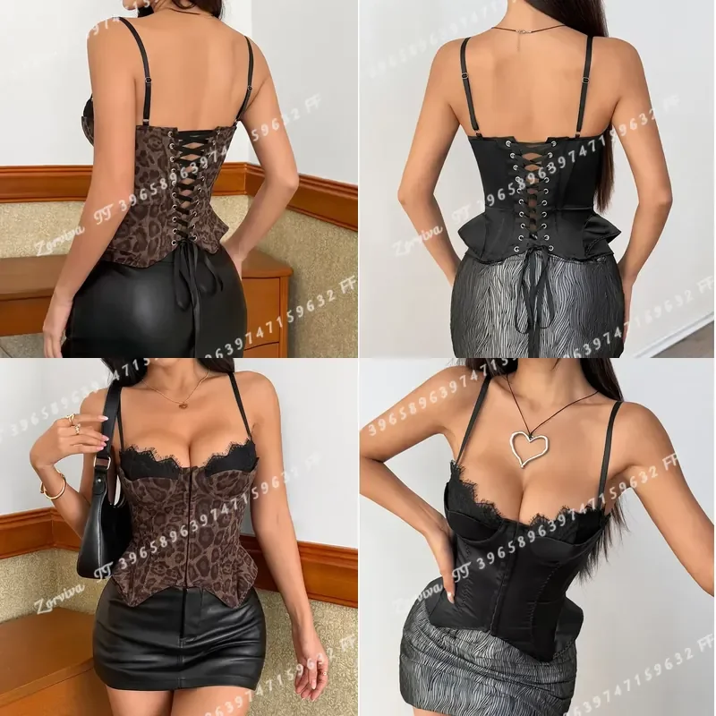 Elegant Palace Style Heavy Duty Black Brown Leopard Print Patchwork Double Layer Sleeveless Camisole Cute Tops for Women