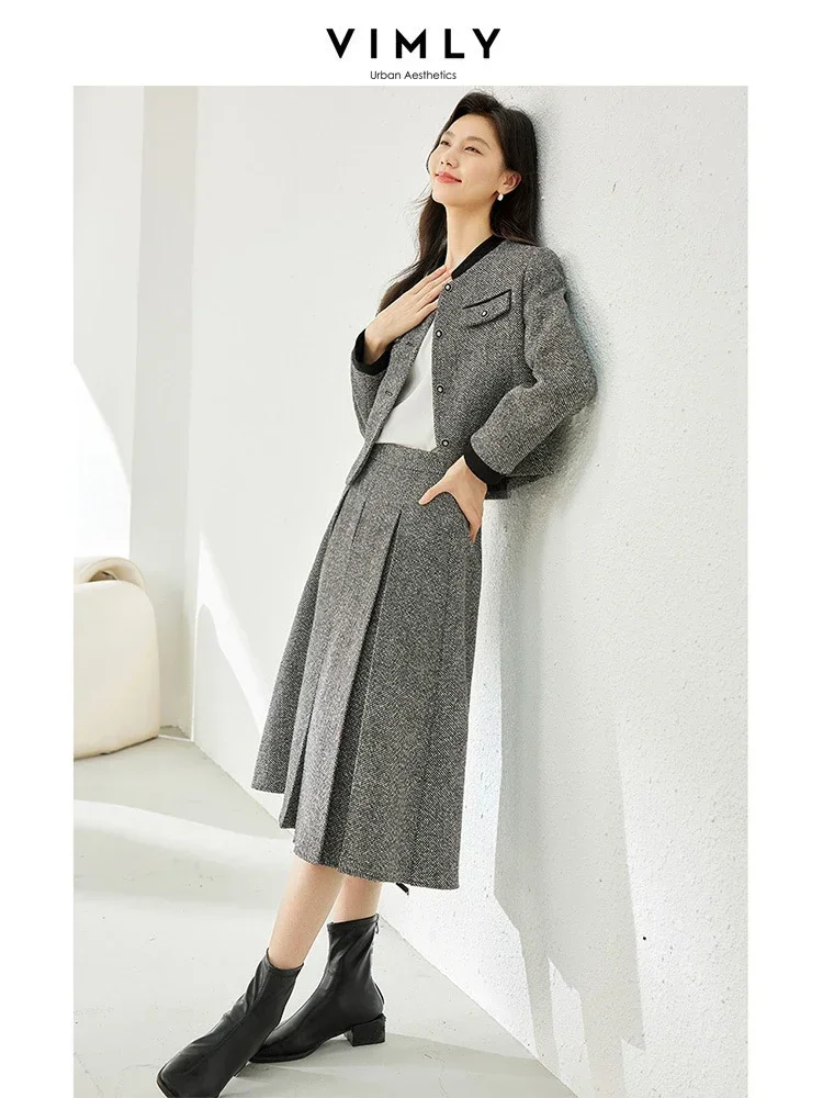 Vimly Elegant Tweed Suit Two Piece Sets for Women 2023 Winter Women's Outfits Cropped Jackets Elastic Waist Pleated Skirts M3539