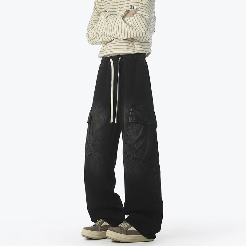 جديد ربيع خريف 2026 سراويل جينز زرقاء مغسولة للرجال سراويل واسعة الساق غير رسمية فضفاضة تناسب ملابس الشارع الشهير مع جيوب #5